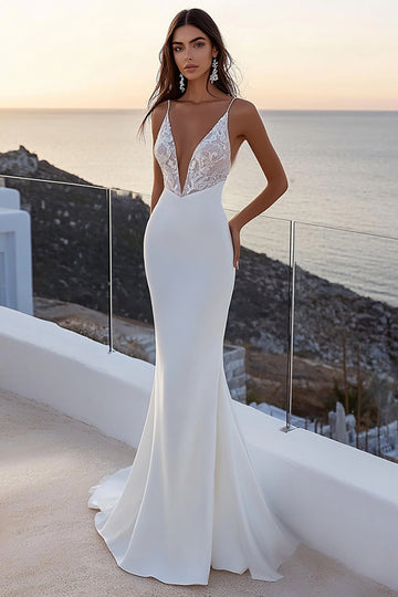 Spaghetti Straps Mermaid Ivory Satin Lace Wedding Dress
